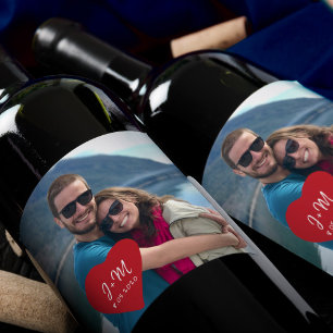 Custom photo love heart initials engagement party wine label