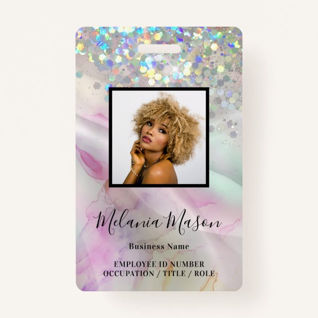 Custom Photo Marbled Holographic Glitter Staff  ID Badge (Front)
