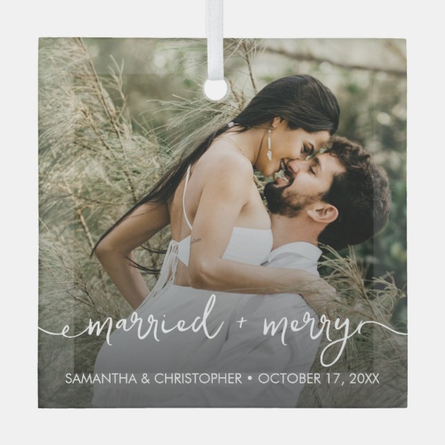 Custom Photo Married & Merry First Christmas Glass Tree Decoration (Front)