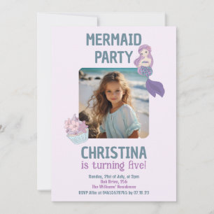 Custom Photo Mermaid Birthday Party Teal Purple Invitation