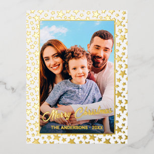 Custom photo Merry Christmas elegant script stars Foil Holiday Postcard