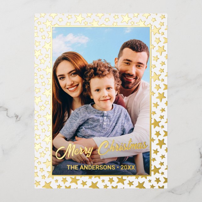 Custom photo Merry Christmas elegant script stars Foil Holiday Postcard (Front)