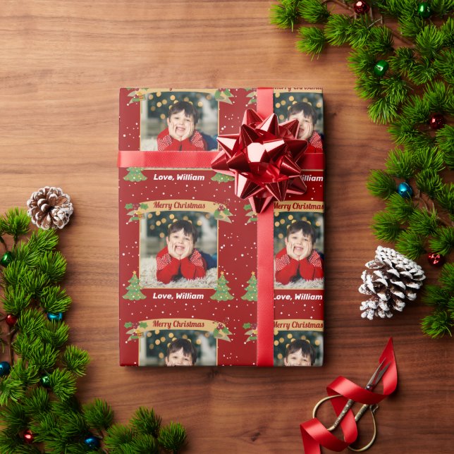 Custom Photo Merry Christmas Holiday Red Wrapping Paper (Holiday Gift)