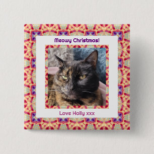 Custom Photo Merry Christmas Jolly Pet Cat Kitten 15 Cm Square Badge