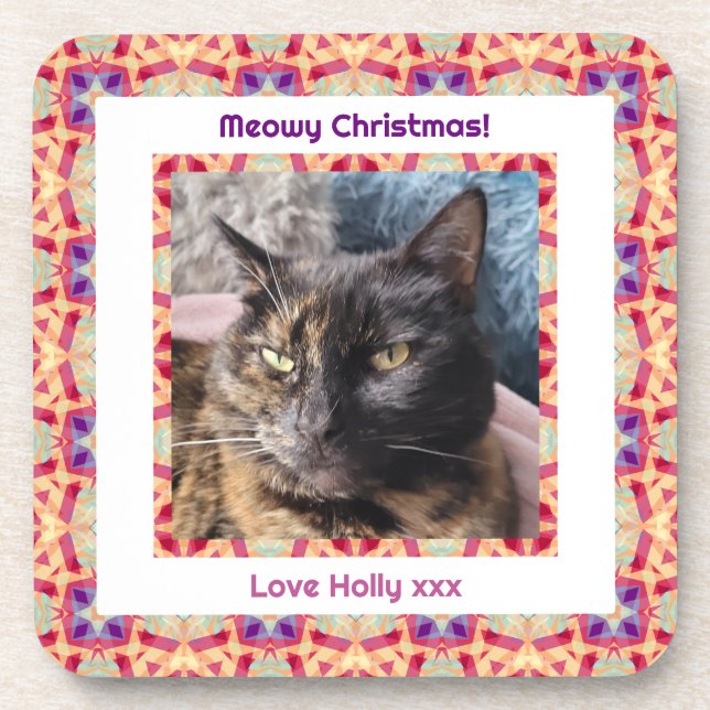 Custom Photo Merry Christmas Jolly Pet Cat Kitten Coaster (Front)
