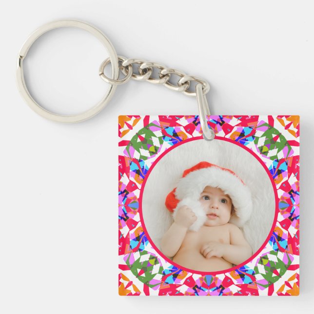 Custom Photo Merry Christmas Modern Colorful Key Ring (Front)