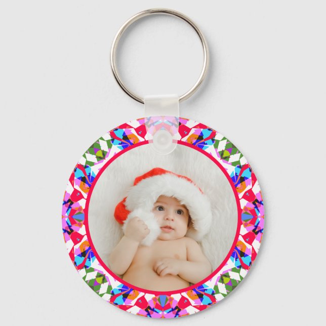 Custom Photo Merry Christmas Modern Colorful Key Ring (Front)