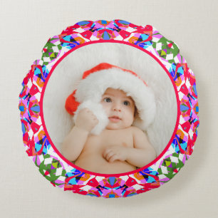 Custom Photo Merry Christmas Modern Colorful Round Cushion