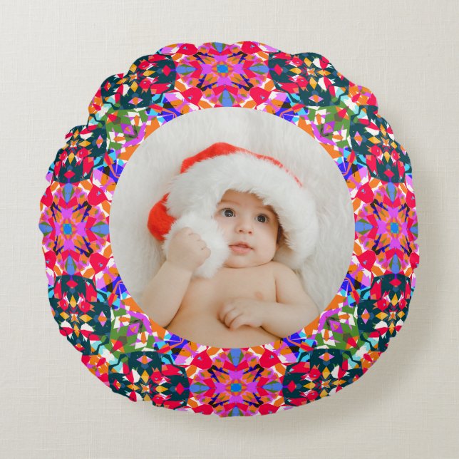 Custom Photo Merry Christmas Modern Colorful Round Cushion (Front)