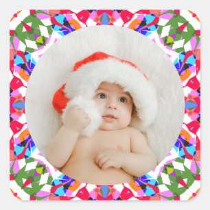 Custom Photo Merry Christmas Modern Colorful Square Sticker
