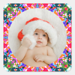 Custom Photo Merry Christmas Modern Colourful Square Sticker