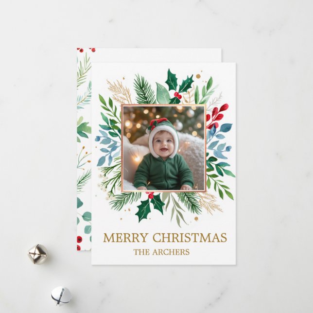 Custom Photo Merry Christmas Watercolor Botanical  Holiday Card (Front/Back In Situ)
