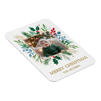 Custom Photo Merry Christmas Watercolor Botanical  Magnet