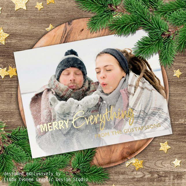 Custom Photo Merry Everything Humour Text Gold Foil Holiday Postcard (Creator Uploaded)