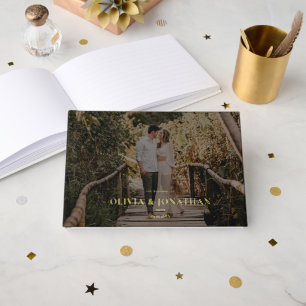 Custom Photo Minimal Black Foil Gold Wedding Guest Book