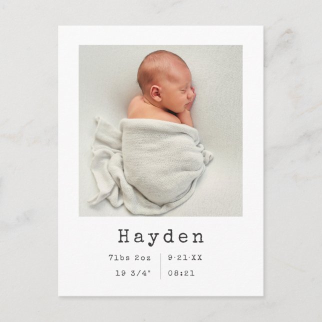 Custom Photo | Minimalist Baby Announcement Quote Postcard (Front)