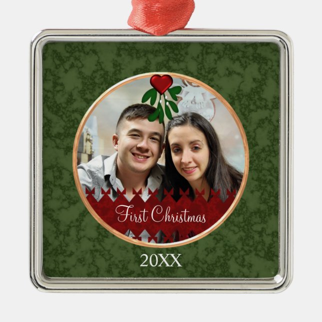 Custom Photo Mistletoe First Christmas Ornament (Front)