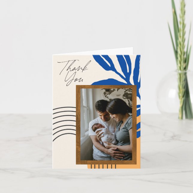 Custom Photo Modern Abstract Botanical Blue Yellow Thank You Card (Front)