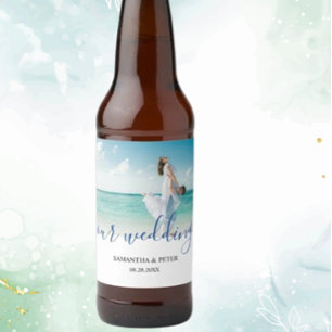 Custom Photo Modern Beach Wedding Beer Bottle Label