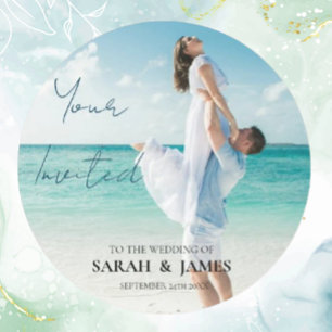 Custom Photo Modern Beach Wedding  Classic Round Sticker