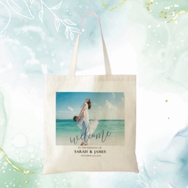 Custom Photo Modern Beach Wedding Welcome Tote Bag (Welcome your guests with love using our Custom Photo Modern Beach Wedding Tote Bag)