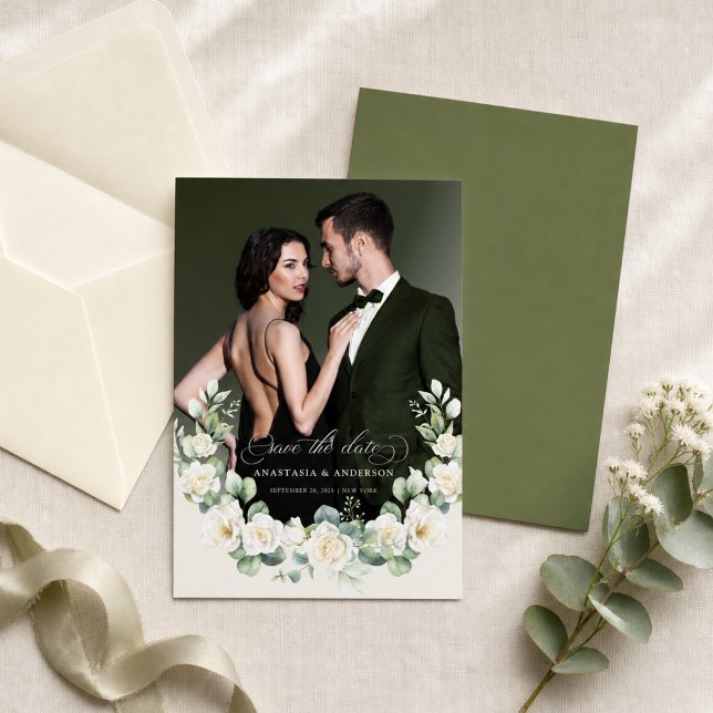 Custom Photo Modern Botanical Greenery Wedding Save The Date (Creator Uploaded)