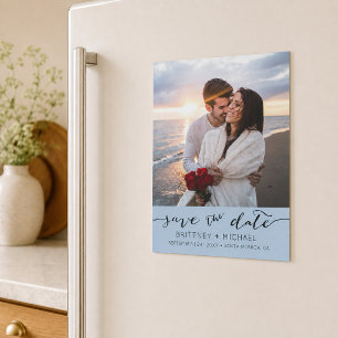 Custom Photo Modern Dusty Blue Simple Save the Dat Magnetic Invitation