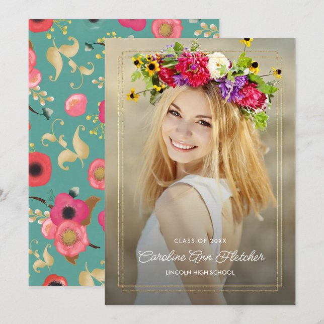 Custom Photo Modern Floral Graduation Announcement (Front/Back)