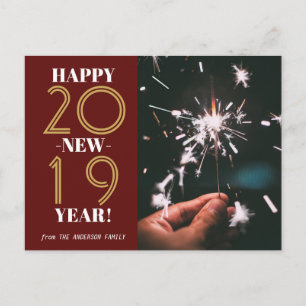 Custom Photo Modern Happy New Year 2019 Gold Red Postcard