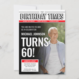 Custom Photo Modern Newspaper Cover 60th Birthday  Invitation