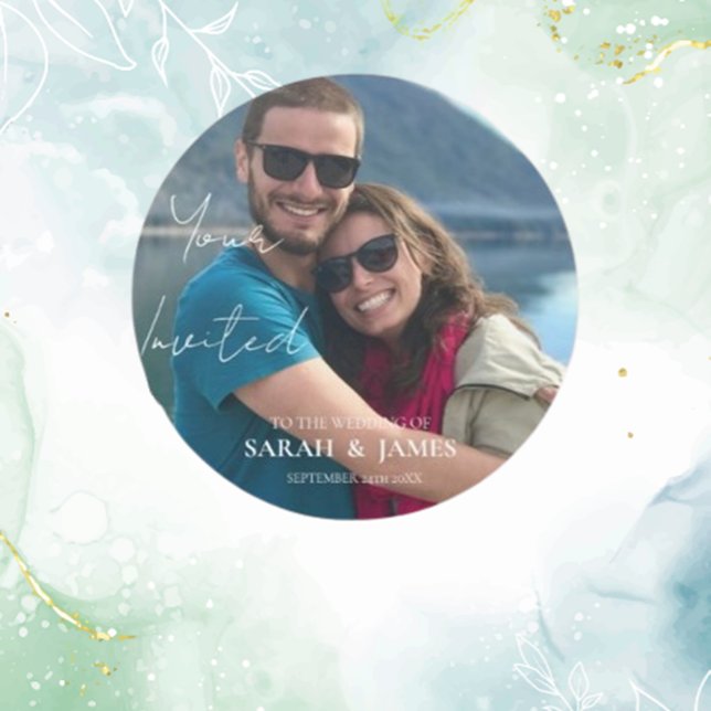 Custom Photo Modern Relaxed Wedding  Classic Round Sticker (Create lasting memories with a custom photo modern relaxed wedding sticker.)