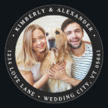 Custom Photo Modern Wedding Return Address  Classic Round Sticker<br><div class="desc">Add a personal touch to your wedding mail with these custom photo return address stickers! Featuring your favourite photo and a sleek, modern design, these stickers make sealing envelopes extra special. Perfect for invitations, thank-you cards, or any wedding correspondence. Easy to customise with your details for a polished and memorable...</div>