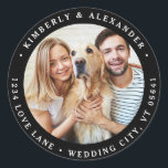 Custom Photo Modern Wedding Return Address  Classic Round Sticker<br><div class="desc">Add a personal touch to your wedding mail with these custom photo return address stickers! Featuring your favourite photo and a sleek, modern design, these stickers make sealing envelopes extra special. Perfect for invitations, thank-you cards, or any wedding correspondence. Easy to customise with your details for a polished and memorable...</div>