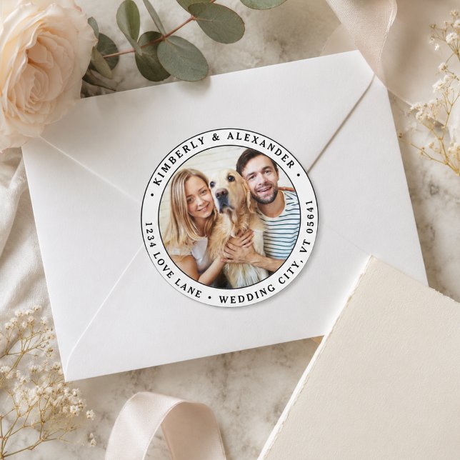  Custom Photo Modern Wedding Return Address  Classic Round Sticker (Custom Photo Modern Wedding Return Address Classic Round Sticker)