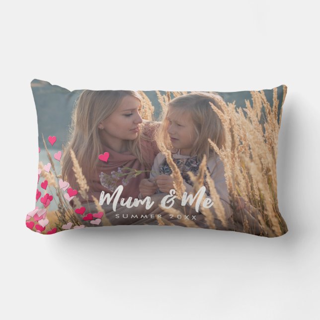 Custom Photo Modern Writing Scattered Pink Hearts Lumbar Cushion (Front)