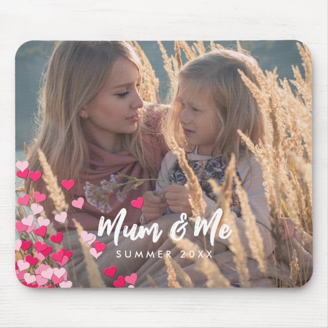 Custom Photo Modern Writing Scattered Pink Hearts Mouse Pad (Front)