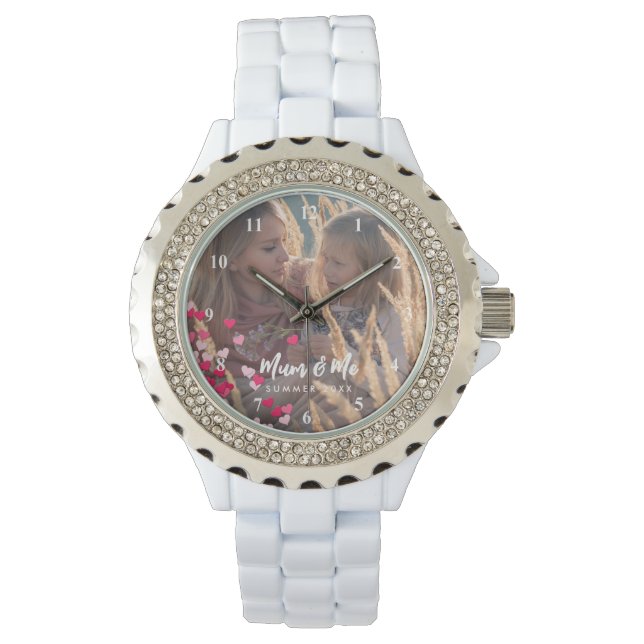 Custom Photo Modern Writing Scattered Pink Hearts Watch (Front)