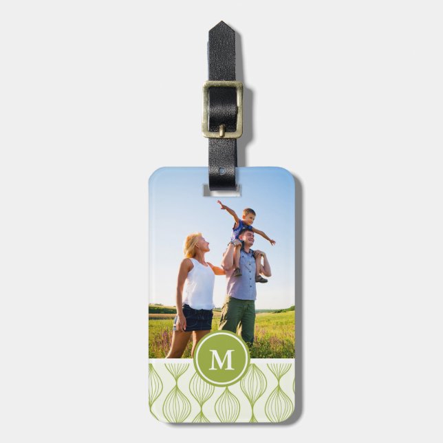 Custom Photo & Monogram Green Ogee Pattern Luggage Tag (Front Vertical)