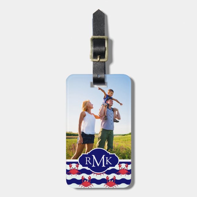 Custom Photo & Monogram Happy Crabs Pattern Luggage Tag (Front Vertical)
