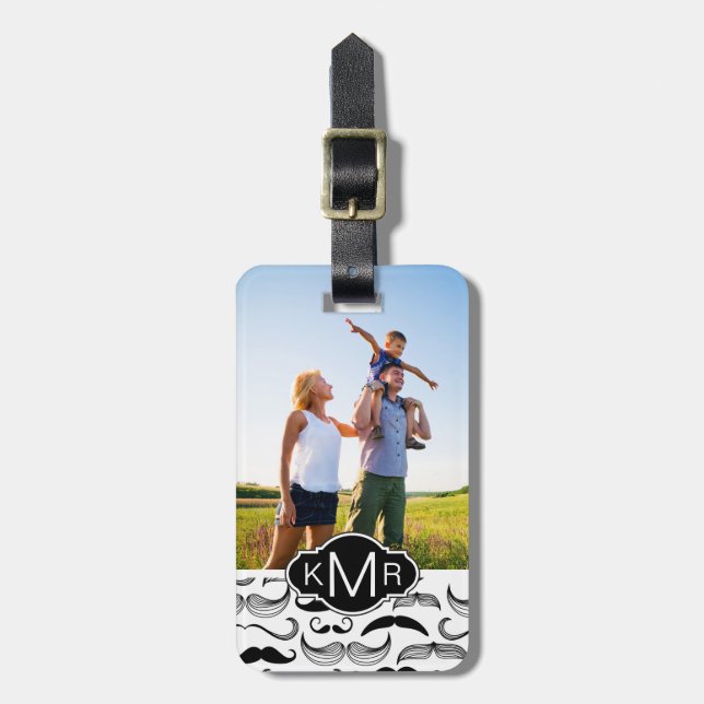Custom Photo & Monogram Moustache pattern 2 Luggage Tag (Front Vertical)