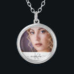 Custom photo monogram name modern elegant silver plated necklace<br><div class="desc">Personalise and add your own photo of yourself, best friend, mother, sister, grandmoter. A white frame with black text. Personalise and add a name and monogram letter. The name is written with a modern style hand lettered style script with swashes. To keep the swashes only delete the sample name, leave...</div>