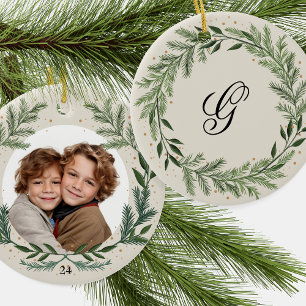 Custom Photo Monogram Pine Wreath Christmas gift Ceramic Tree Decoration