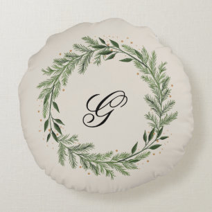 Custom Photo Monogram Pine Wreath Christmas Home Round Cushion