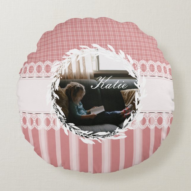 Custom Photo Monogram Pink Round Accent Pillow (Front)