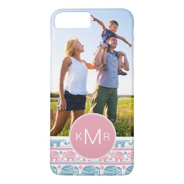 Custom Photo & Monogram Pink & Teal Elephants Case-Mate iPhone Case (Back)