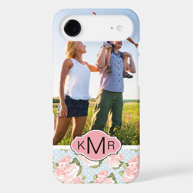 Custom Photo & Monogram roses with blue polka dots Case-Mate iPhone Case (Back)