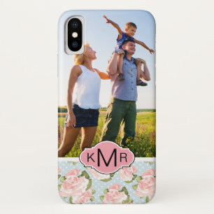 Custom Photo & Monogram roses with blue polka dots Case-Mate iPhone Case
