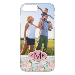 Custom Photo & Monogram roses with blue polka dots Case-Mate iPhone Case