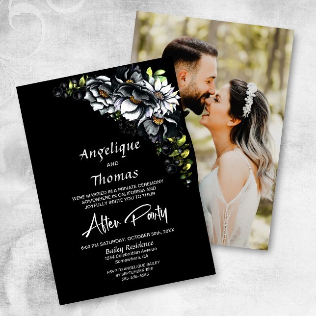 Custom Photo Moody Black Floral Wedding Reception Invitation (Creator Uploaded)