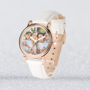 Custom Photo Mother's Day Rose Gold White Leather Watch
